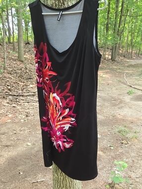 Simon Chang Black Mini Dress with Pink and Orange Floral Print